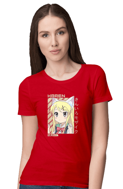 Футболка женская с принтом Золотая мозаика Карен Кудзё. Anime, karen kujo, kiniro mosaic, kinmoza, manga, аниме, золотая мозаика, карен, карен кудзё, манга. 2070702