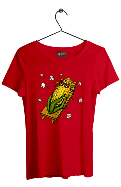 Футболка женская с принтом Кукуруза Загорает На Лежаке. Кукуруза, лежак, попкорн. 2070702
