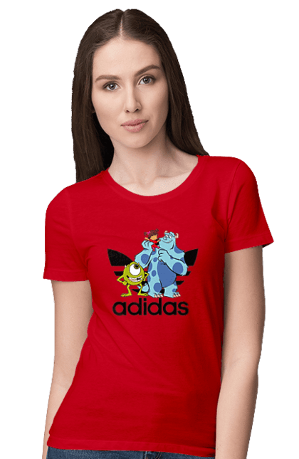 Футболка женская с принтом Adidas Корпорация монстров. Adidas, monsters inc, pixar, адидас, корпорация монстров, мультфильм. 2070702