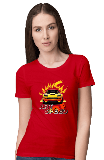 Women`s t-shirt with prints Car on fire. Car, fire, speed, sport car, sports car. 2070702
