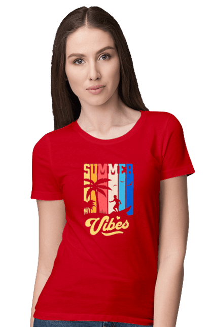 Women`s t-shirt with prints Summer Vibes Beach. Beach, sea, summer, surfing, tropics, vacation. 2070702