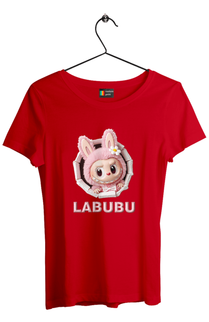Футболка жіноча з принтом "Лабубу". Іграшка лабубу, лабубу, лабубу кока кола, мерч лабубу, мила, рожева лабубу, смішна лабубу. 2070702