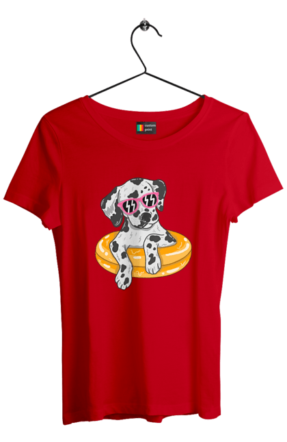 Women`s t-shirt with prints Dalmatian Swims In A Circle. Dalmatian, dog, glasses, to swim. 2070702