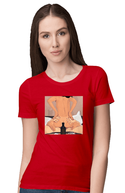 Футболка жіноча з принтом "Гола Дівчина, Пляшка І Сигарети". Гола, зверху. 2070702