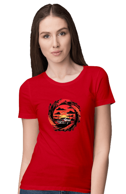 Women`s t-shirt with prints Ferrari at sunset. Car, cars, ferrari, ferrari at sunset. 2070702
