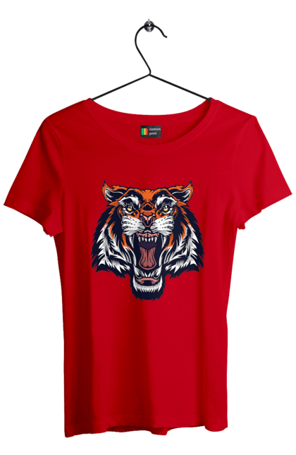 Футболка жіноча з принтом "Сердитий оранжевий тигр". Голова тигра, джунглі, злий тигр, сердитий тигр, тигр. CustomPrint.market