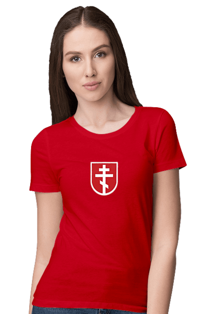 Футболка жіноча з принтом "Хрест на Щиті". Бог, віра, ісус, православ`я, релігія, символіка, хрест, християнство, христос, щит. KRUTO.  Магазин популярних футболок