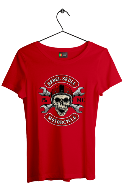 Футболка жіноча з принтом "череп мотолюбитель". Любитель, мотоцикл, череп, шолом. 2070702