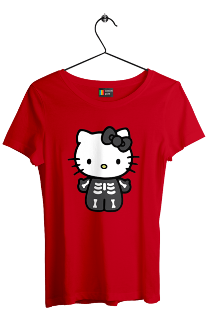 Women's t-shirt with prints Hello Kitty Halloween. Brand, character, halloween, hello kitty, kitten, kitty, skeleton, zombie. 2070702