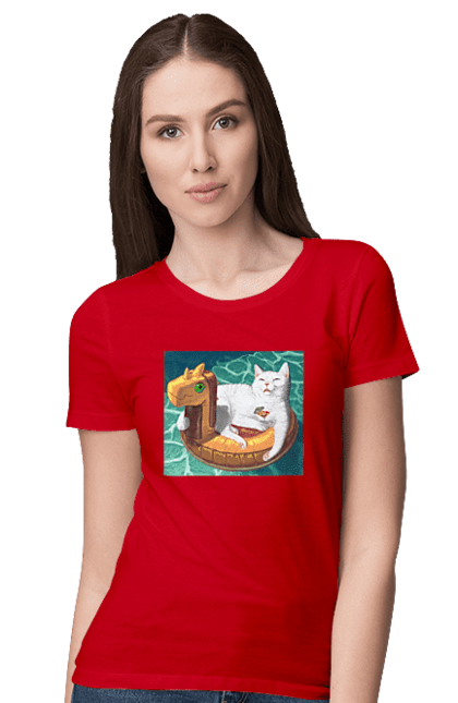 Футболка жіноча з принтом "Білий кіт у плавальному колі, на відпочинку". Басейн, відпочинок, кіт, коктейль, море, плавальний круг. 2070702