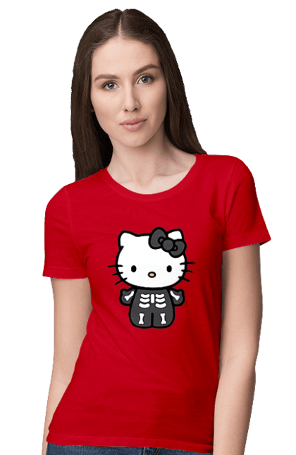 Women's t-shirt with prints Hello Kitty Halloween. Brand, character, halloween, hello kitty, kitten, kitty, skeleton, zombie. 2070702