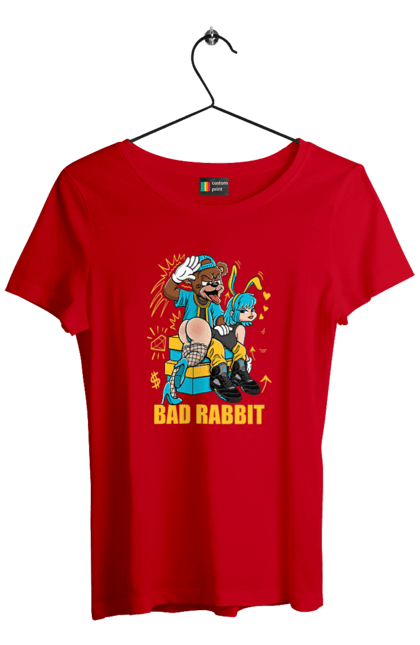 Women`s t-shirt with prints Bad rabbit. Bad bunny, bdsm, bear, cool, funny, rabbit, young woman. 2070702