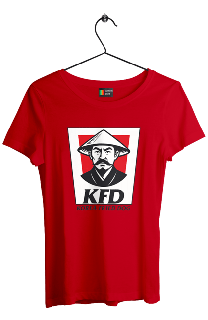 Футболка жіноча з принтом "Korea Fried Dog". Бренди, гумор, жартівливі, кфц, літні, прикольні, смішні, фаст-фуд. 2070702