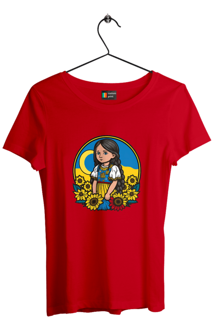 Футболка жіноча з принтом "Мила Українська дівчинка". Блакитний, жовтий, жовто-блакитний, зроблено в україні, патріот, патріоти україни, підтримую україну, прапор україни, україна, українська дівчинка. 2070702