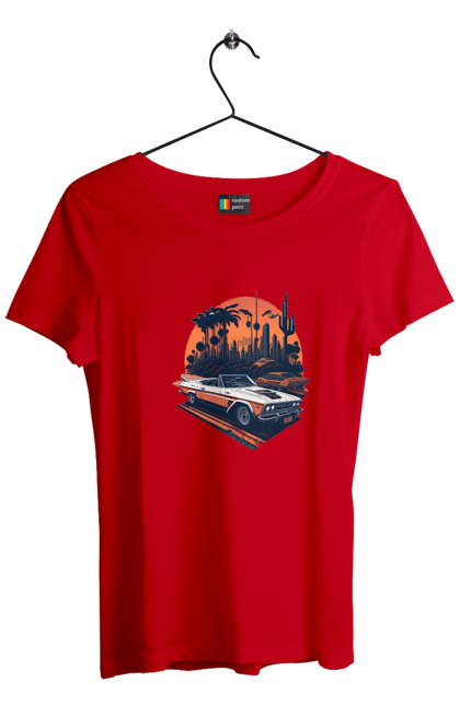 Women`s t-shirt with prints Beautiful car at sunset. Auto, sun, sunset. 2070702