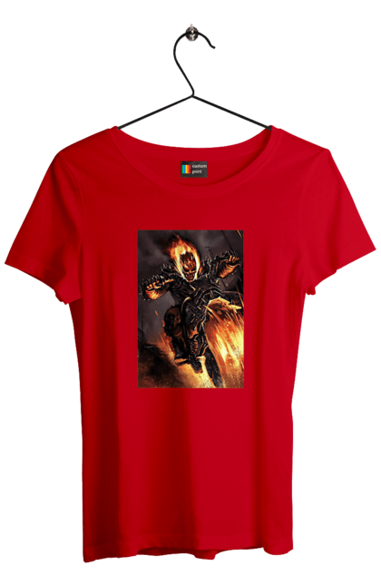 Футболка жіноча з принтом "Пекельний Гонщик". Вогонь, мотоцикл, пекельний гонщик, скелет, чоппер. 2070702