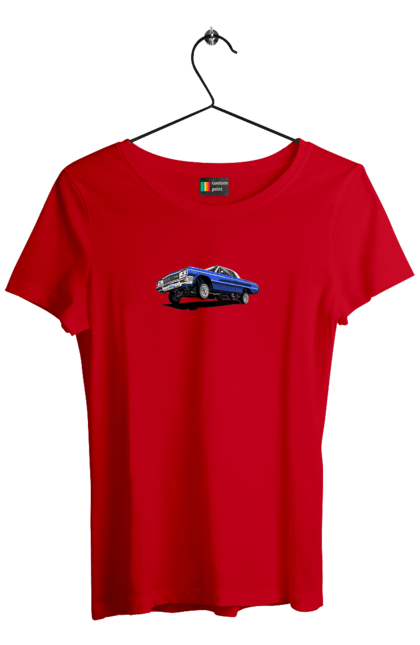 Футболка жіноча з принтом "Автомобіль". Автомобіль, імпала, класика, лоурайдер, синій, шевроле. 2070702