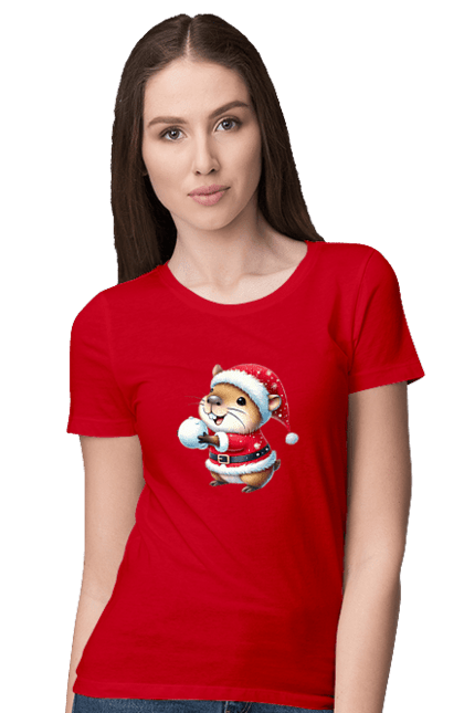 Women's t-shirt with prints Capybara playing snowballs. Animal, capybara, christmas, christmas capybara, game, gift, holiday, new year, santa, snowballs. 2070702