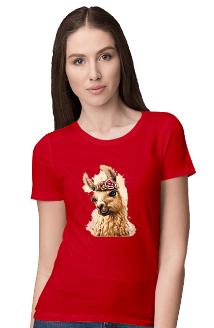 Women`s t-shirt with prints Lama Portrait. Animal, lama, portrait. 2070702