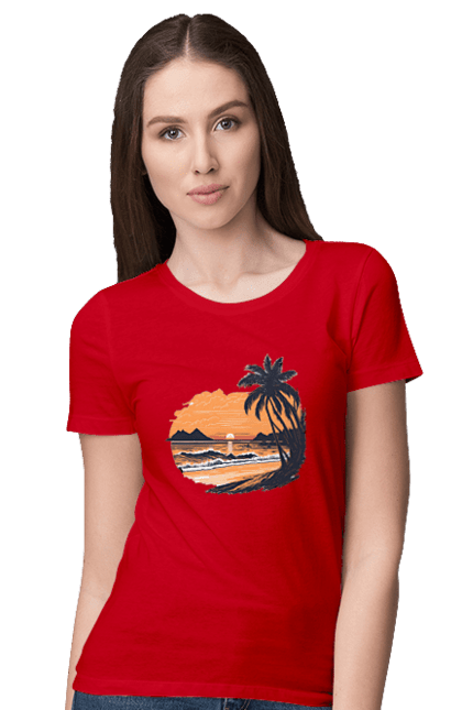 Футболка жіноча з принтом "Безтурботний пляж на заході сонця". Захід сонця, пляж, розслаблення. CustomPrint.market