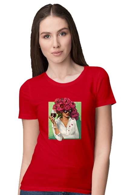 Girl with peonies and a glass