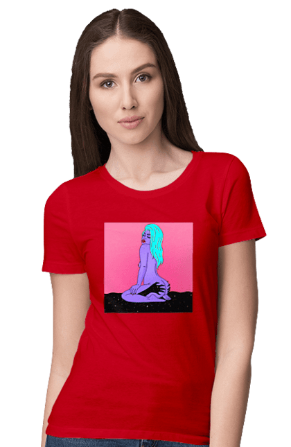Футболка жіноча з принтом "Фіолетова Дівчина В Руках". Дівчина, інопланетянка, сидить. 2070702