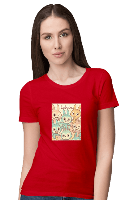 Футболка жіноча з принтом "Лабубу". Безтурботно, грайливо, дизайнперсонажу, каваї, лабубу, милі мистецтво, ніжні відтінки, пастельніквіти, стиль мультфільму, чарівно. 2070702