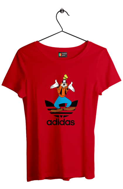 Футболка женская с принтом Adidas Гуфи. Adidas, goofy, адидас, гуфи, мультсериал, мультфильм, пес, собака. 2070702