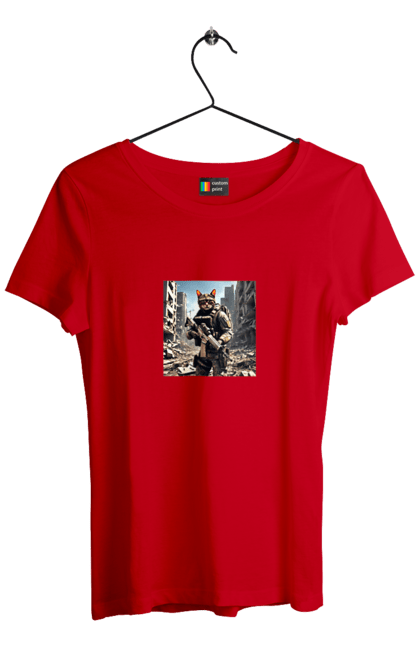 Футболка жіноча з принтом "Кіт десантник". Бронежилет, війна, військовий, гвинтівка, захисник, камуфляж, кіт, рушниця. 2070702