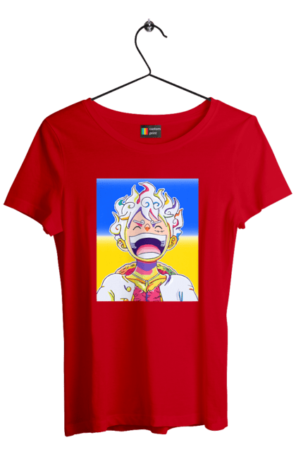 Футболка жіноча з принтом "Монкі д Луффі сміється на жовто блактному фоні". Ван піс, луффі, монкі д. луффі, прапор україни, символ україни, україна. 2070702