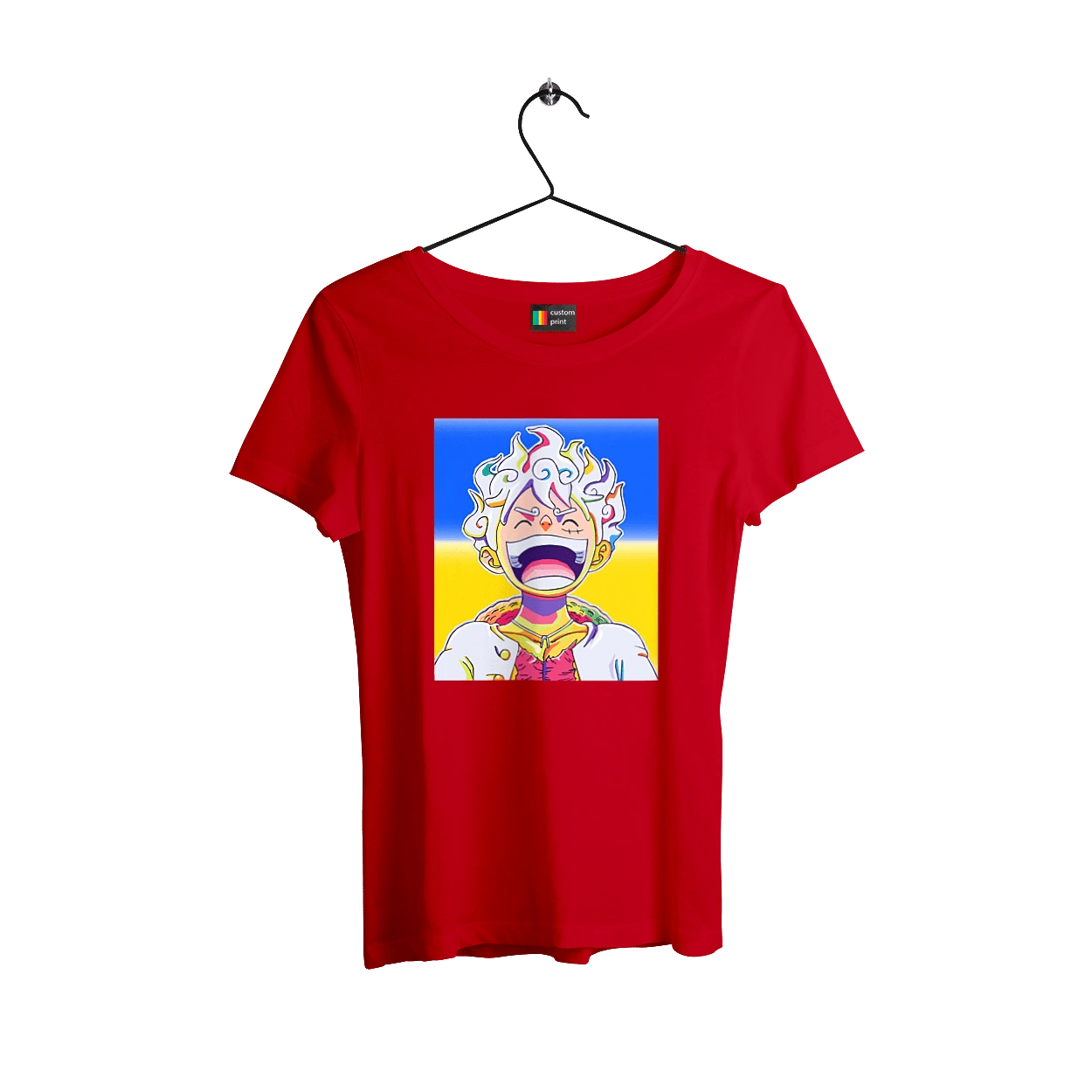 Monkey D Luffy laughing on a yellow blue background