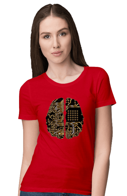 Women`s t-shirt with prints It Brain. Brain, chip, code, comp, computer, crystal, cyber, cybernetics, cyborg, developer, engineer, geek, gold, golden, it, it specialist, knowledge, mind, printed circuit board, profession, professional, programmer. 2070702
