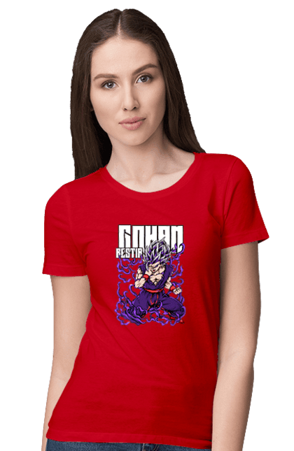 Women's t-shirt with prints Dragon Ball Gohan. Anime, dragon ball, gohan, goku, manga, tv series, vegeta. 2070702