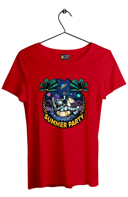 Футболка жіноча з принтом "Літній Паті З Космонавтом". Космонавт, космос, літо. 2070702