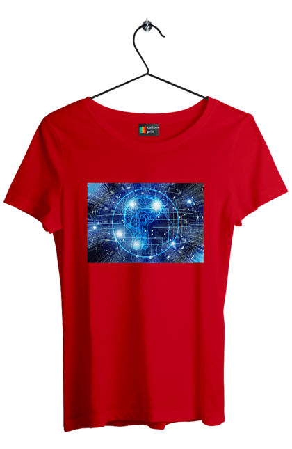 Футболка жіноча з принтом "Штучний інтелект". Айті, айтішник, гік, знання, інженер, інтелект, кібер, кібернетика, кіборг, код, комп, комп`ютерник, кристал, машинне навчання, мікросхема, мозок, портрет, програміст, професіонал, професія, розробник, розум, хакер, чіп, штучний інтелект, штучний розум. 2070702