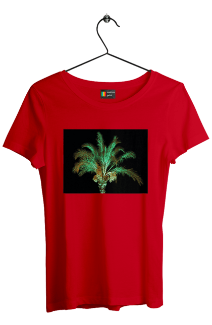 Футболка жіноча з принтом "Фінікова Пальма Вночі". Берег, відпочинок, відпустка, зелений, море, ніч, оазис, океан, острів, пальма, південь, подорож, пригоди, тропіки, фінікова, чорне. 2070702