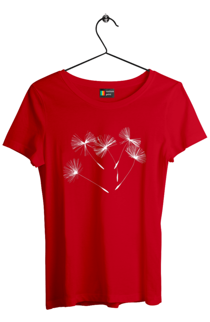 Футболка жіноча з принтом "Насіння кульбаби". Вітер, кульбаба, кульбаби, літають, літо, насіння, політ, природа, сезон. 2070702