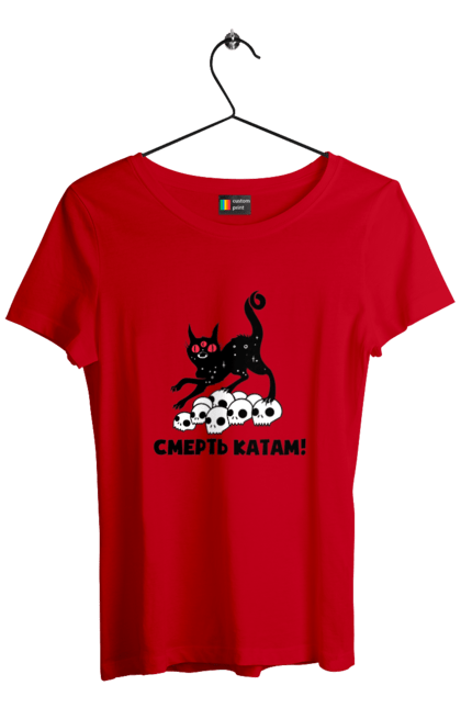 Футболка жіноча з принтом "Смерть катам". Війна, коти, котик, патріотичне, українське, фраза, фрази, череп. 2070702
