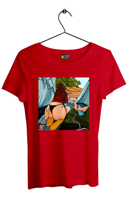 Футболка жіноча з принтом "Відпочинок З Улюбленою У Палатці". Відпочинок, жопа, палатка, собака. 2070702