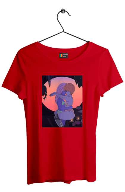 Women`s t-shirt with prints Purple Girls Hugging. Hug, sunset. 2070702
