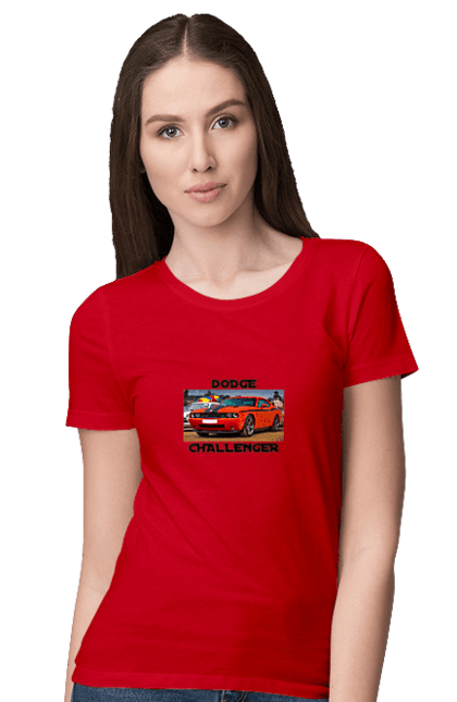 Women`s t-shirt with prints Dodge challenger. Auto, car, classic car, cult car, dodge challenger, oil car, powerful car. 2070702