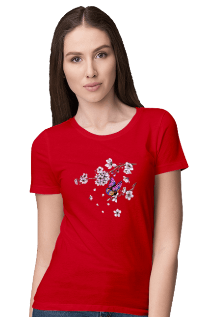 Women`s t-shirt with prints Butterfly And Sakura. Butterfly, sakura, spring, wood. 2070702