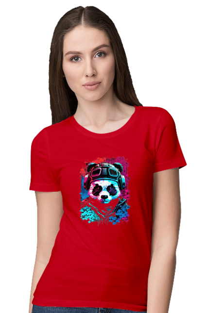 Футболка женская с принтом Панда в VR шлеме. Виртуальная реальность, гик, панда, персонаж, шлем. 2070702