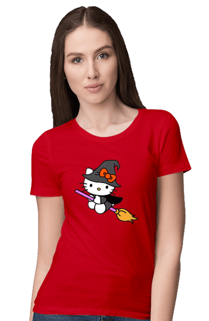 Women's t-shirt with prints Hello Kitty Halloween. Brand, cat, character, halloween, hello kitty, kitten, kitty, witch. 2070702