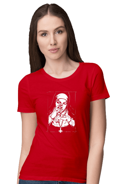 Women`s t-shirt with prints The nun sniffs the powder. Cool, cross, fashionable, nun, popular. 2070702