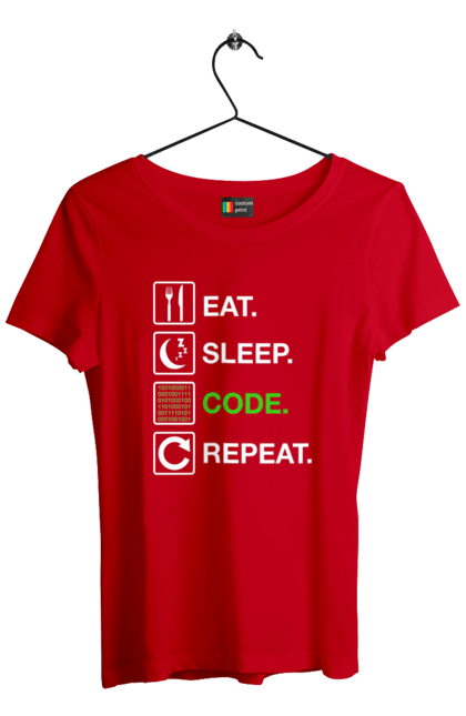 Футболка жіноча з принтом "Їж Cпи Кодуй Повторюй". Айті, айтішник, для айтішника, для програміста, їж спи, кодуй повторюй, подарунок айтішнику, подарунок програмісту, програміст, розробник. 2070702