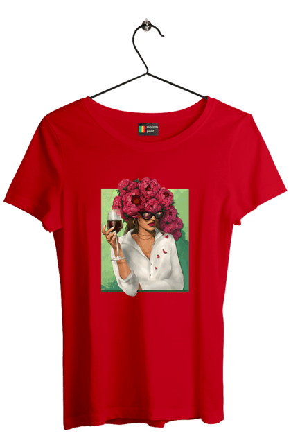 Футболка жіноча з принтом "Дівчина з півоніями та келихом". Вино, дівчина, квітка, келих, літо, окуляри, півонії, сорочка. 2070702