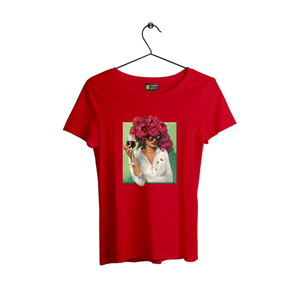 Girl with peonies and a glass