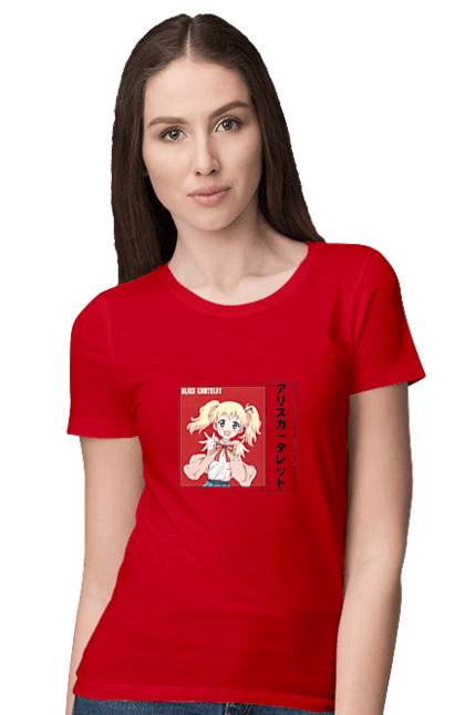 Футболка женская с принтом Золотая мозаика Алиса Картелет. Alice cartelet, anime, kiniro mosaic, kinmoza, manga, алиса, алиса картелет, аниме, золотая мозаика, манга. 2070702