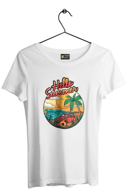 Women`s t-shirt with prints Hello Summer, Car By The Sea. Beach, island, palm, summer. 2070702